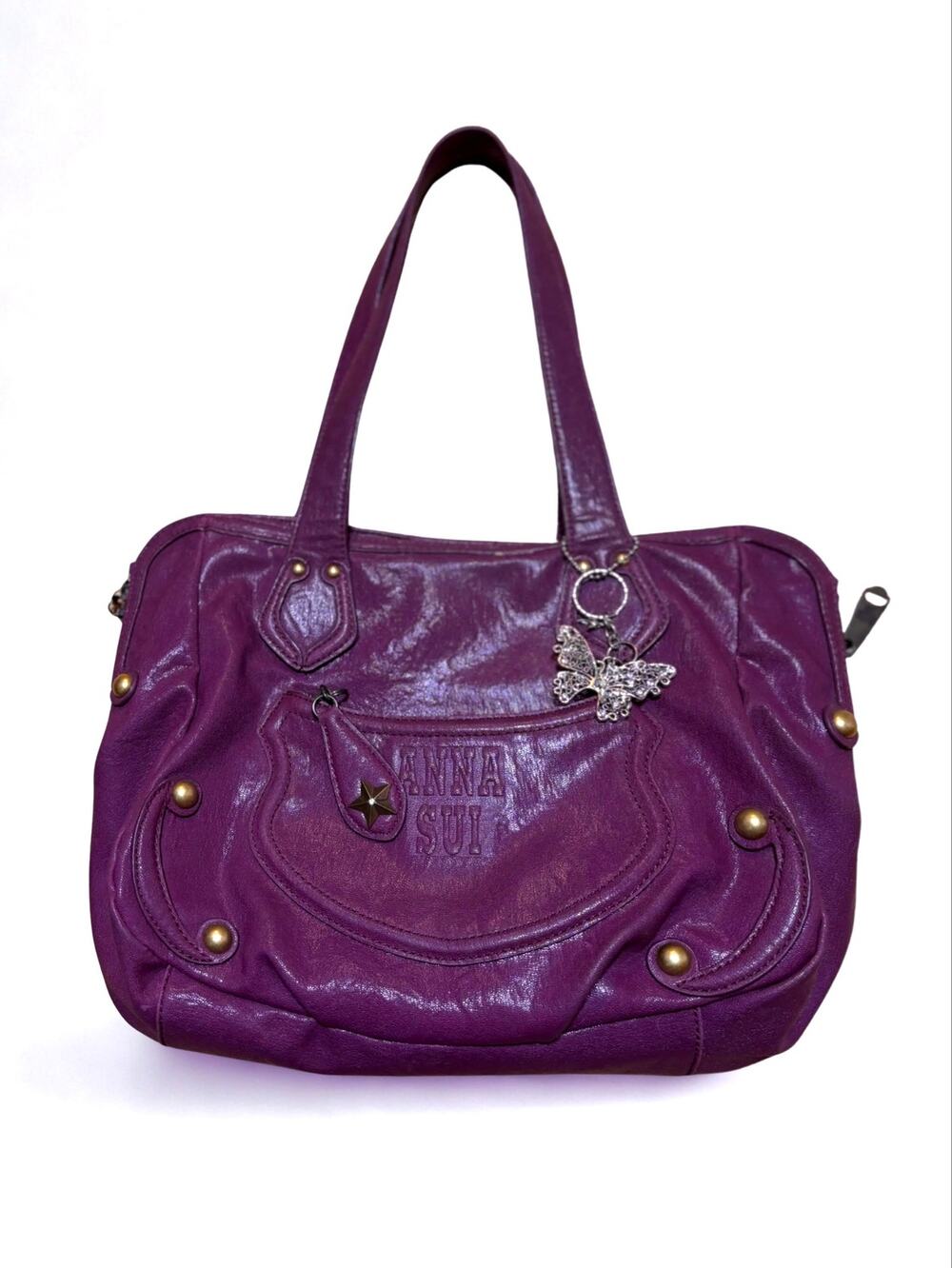 Anna Sui Purple Hobo Shoulder Purse Star Stud Detailing Butterfly Keychain